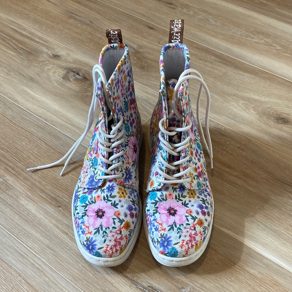 Dr. Martens Women's Floral Lace-Up Boots in White with Pink, Blue, Yellow, Green